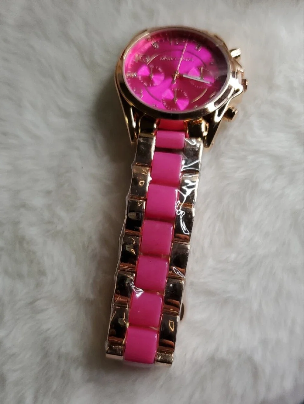 Michael Kors Rose Gold-Tone Watch with Bright Pink Dial and Strap